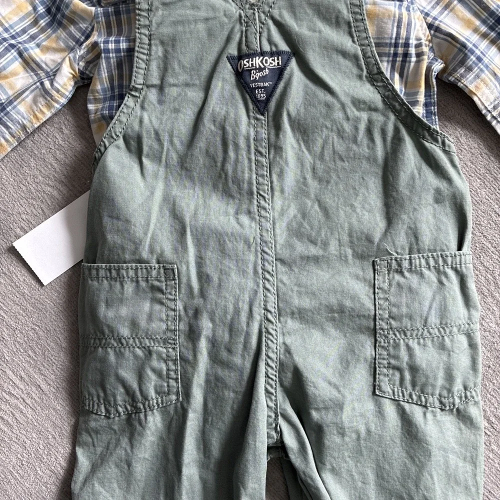 OSHKOSH B'GOSH Vestbak pant overalls Matching Plaid Shirt Boys 12 Months 2 Piece